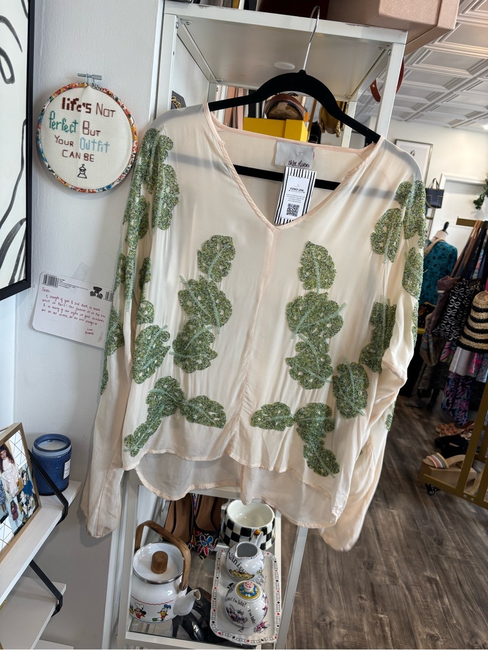 Chloe Oliver V-Neck Blouse with Green Sequin Leaf Appliqué